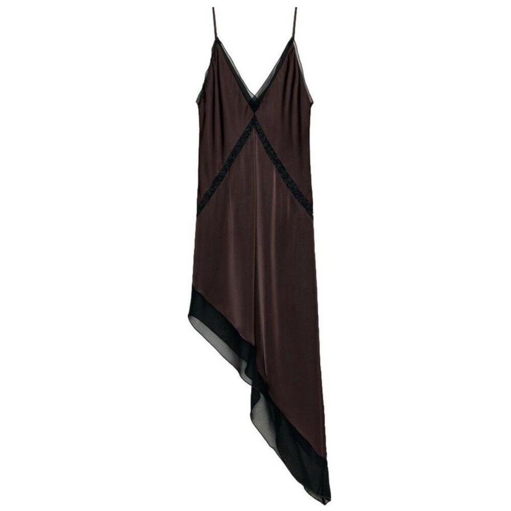NWT Zara Asymmetric Satin Effect Midi Dress Dark Mink Brown Lace 9784/896 Size S
